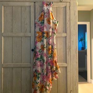 Lulus Season's Best white floral print asymmetrical midi dress.